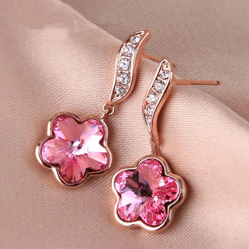 Sparkling Pink Crystal Charming Floral Earrings-Mialla Jewelry