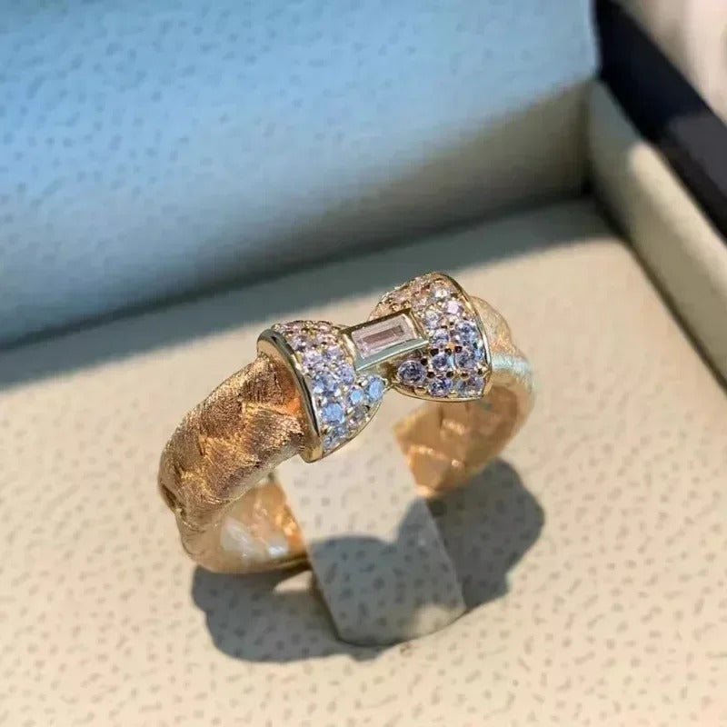 Retro Gold & Crystal Baguette Bow Adjustable Ring-Mialla Jewelry