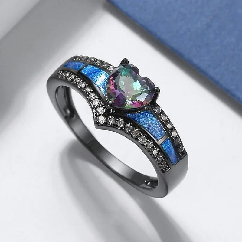 Black Heart-Shaped Gem & Blue Enamel Ring-Mialla Jewelry