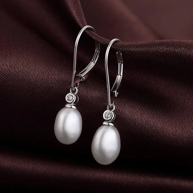 Oval Pearl Dangle Silver Earrings-Mialla Jewelry