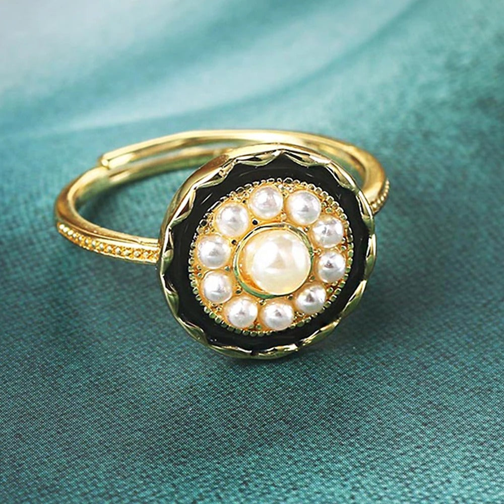 Vintage Gold Black Enamel & Radiant Pearl Adjustable Ring-Mialla Jewelry
