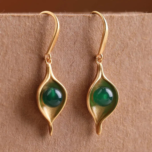 Classic Gold Oval Green Gemstone Leaf Dangle Earrings-Mialla Jewelry