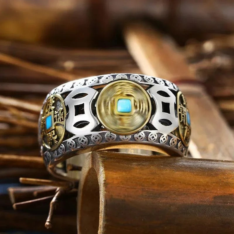 Classic Silver Inlaid Copper Coin Turquoise Adjustable Ring-Mialla Jewelry