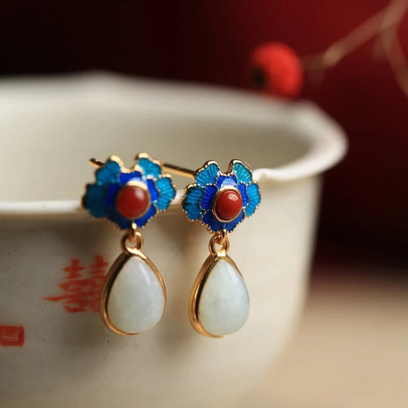 Retro Gold & Blue Floral Red White Gemstone Drop Earrings-Mialla Jewelry