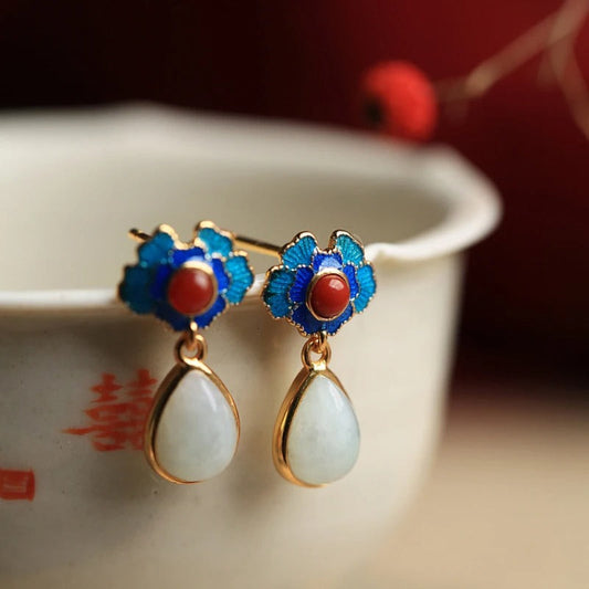 Retro Gold & Blue Floral Red White Gemstone Drop Earrings-Mialla Jewelry