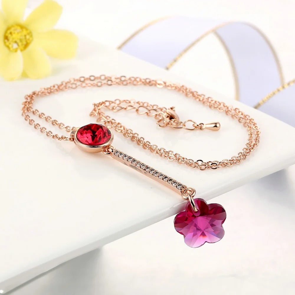 Vintage Rose Gold Red Crystal & Flower Pendant Necklace-Mialla Jewelry