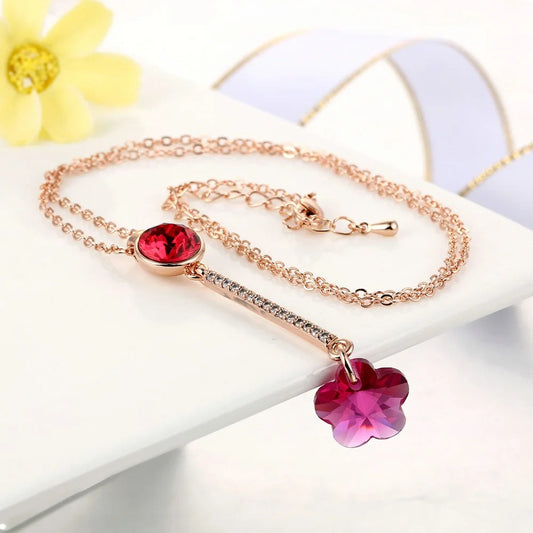 Vintage Rose Gold Red Crystal & Flower Pendant Necklace-Mialla Jewelry