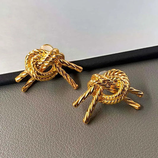 Vintage Gold Knotted Rope Design Earrings-Mialla Jewelry