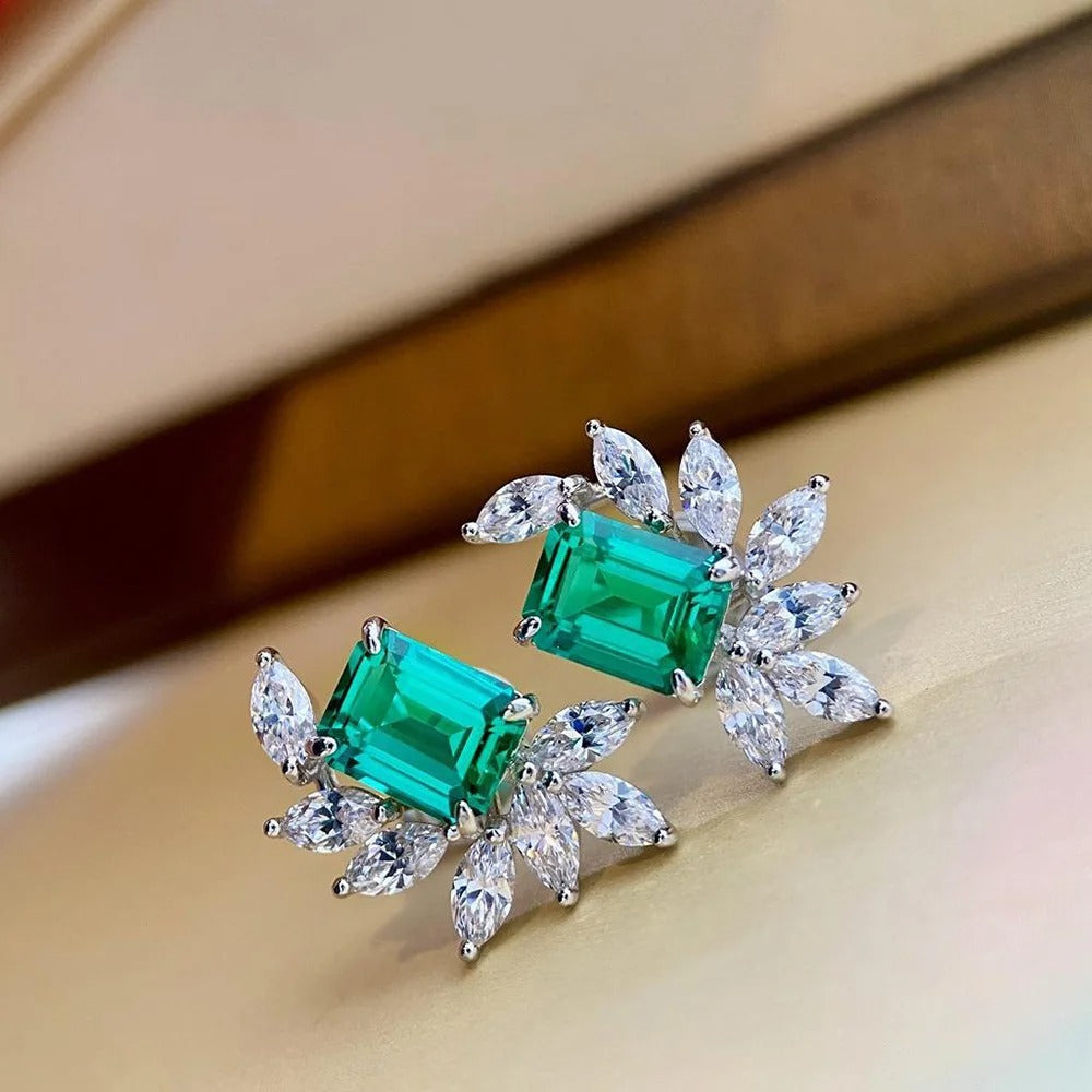Green Rectangular Gemstone & Sparkling White Petal Earrings-Mialla Jewelry