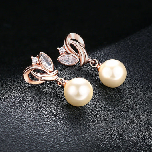 Vintage Rose Gold Pearl Dangle Earrings-Mialla Jewelry