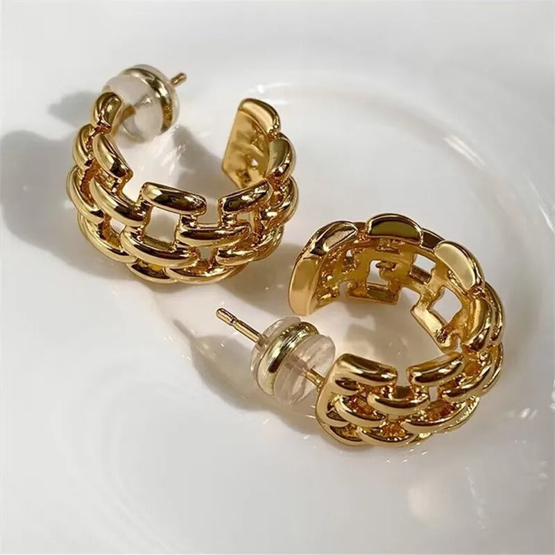 Retro Gold Chunky Hoop Design Earrings-Mialla Jewelry