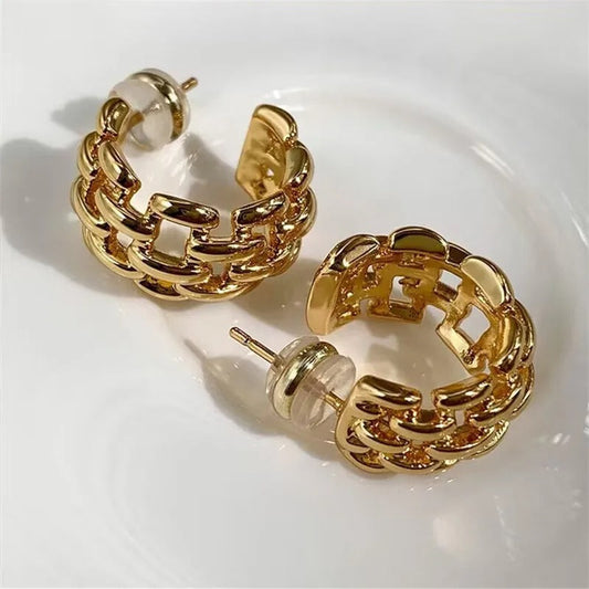 Retro Gold Chunky Hoop Design Earrings-Mialla Jewelry