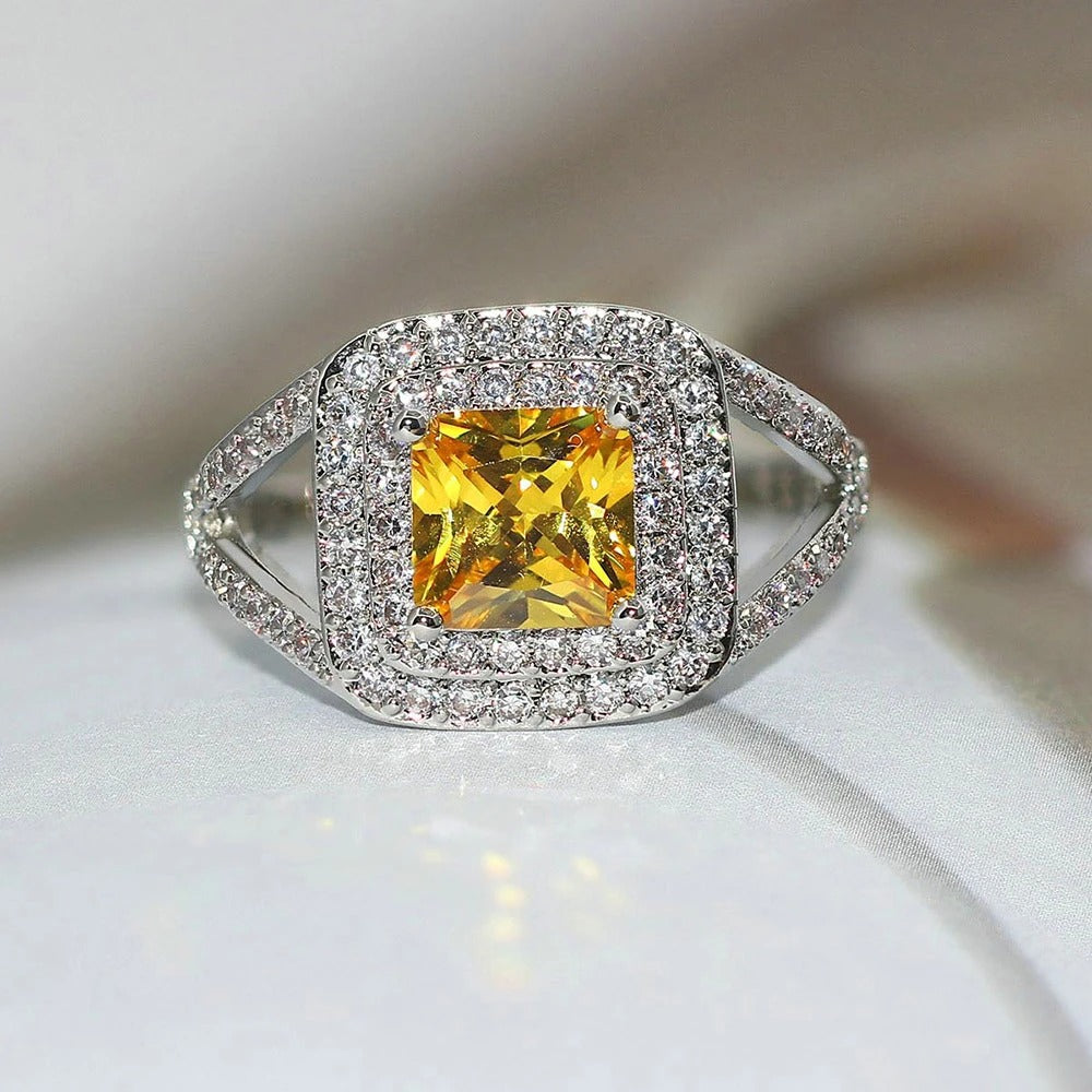 Classic Yellow Gem & Silver Vintage Halo Ring-Mialla Jewelry