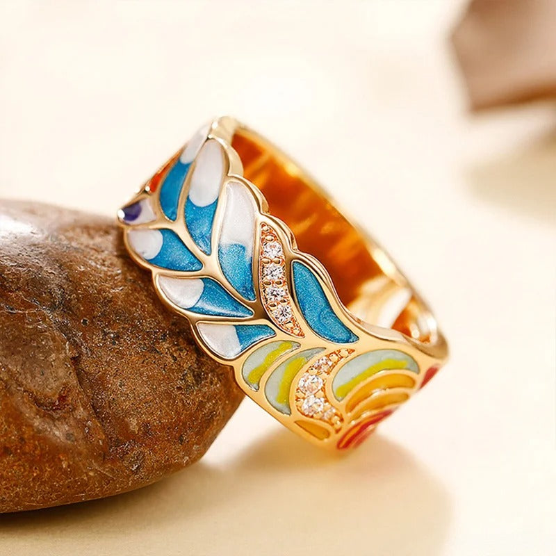 Vintage Gold Colorful Enamel Leaf Ring-Mialla Jewelry