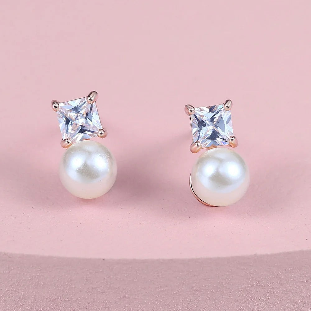 Vintage Rose Gold Square Cut & Pearl Earrings-Mialla Jewelry