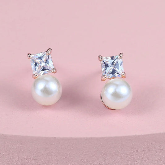 Vintage Rose Gold Square Cut & Pearl Earrings-Mialla Jewelry