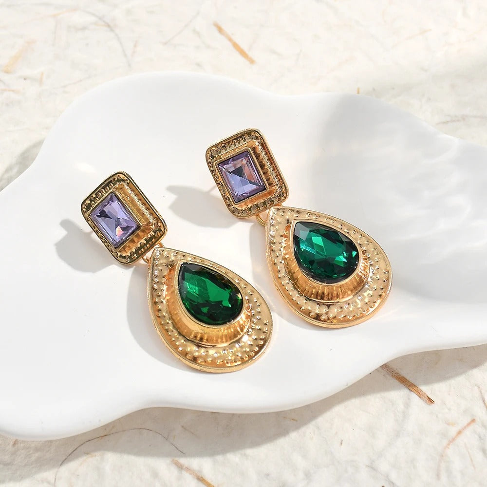 Vintage Gold Green Teardrop Stone Earrings-Mialla Jewelry