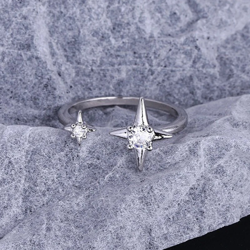 Classic Silver Dual Star & Clear Stone Adjustable Ring-Mialla Jewelry