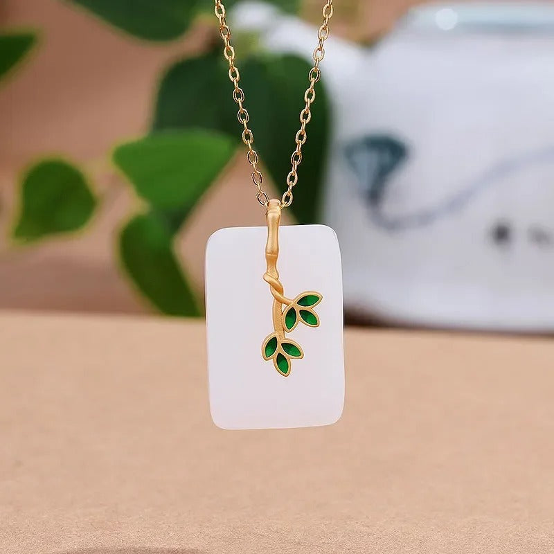 Classic White Stone Gold Leafy Branch Pendant Necklace-Mialla Jewelry