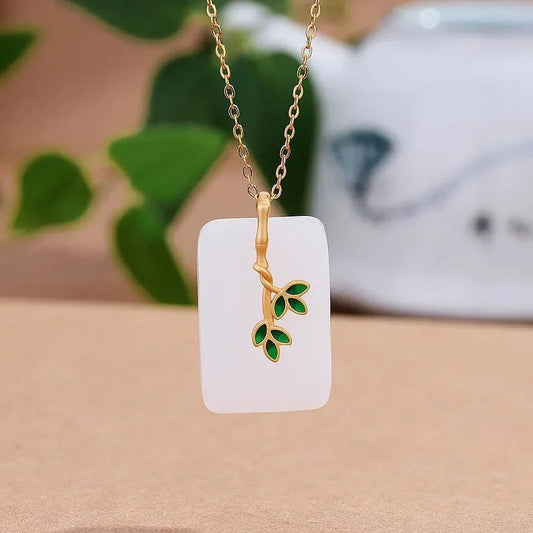 Classic White Stone Gold Leafy Branch Pendant Necklace-Mialla Jewelry