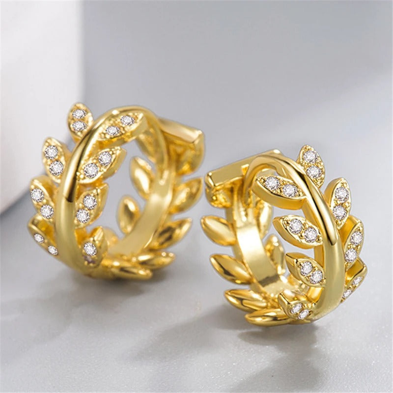 Gold Floral Leaf Design Crystal Hoop Earrings-Mialla Jewelry