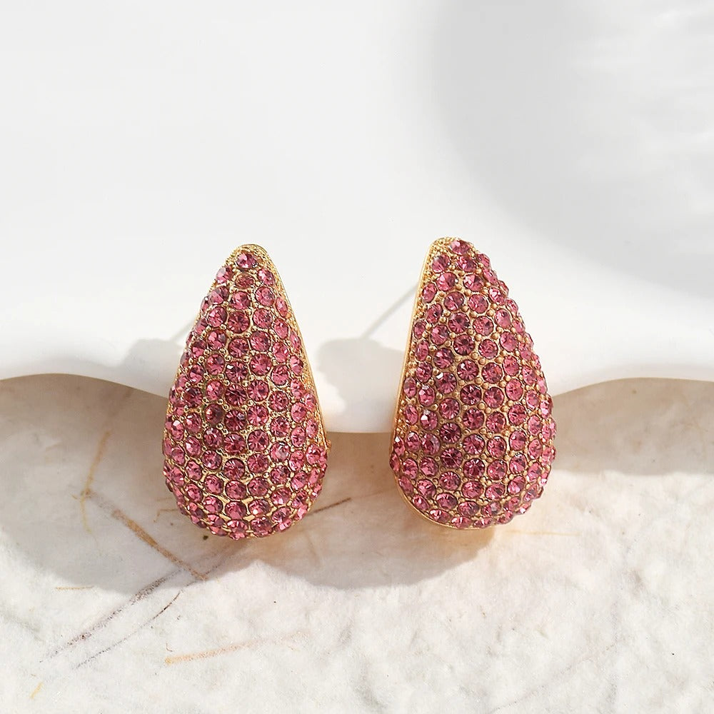 Vintage Pink Crystal Gold Teardrop Earrings-Mialla Jewelry