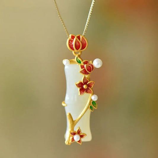 Classic Gold Red Blossom & Pearl Floral Pendant Necklace-Mialla Jewelry