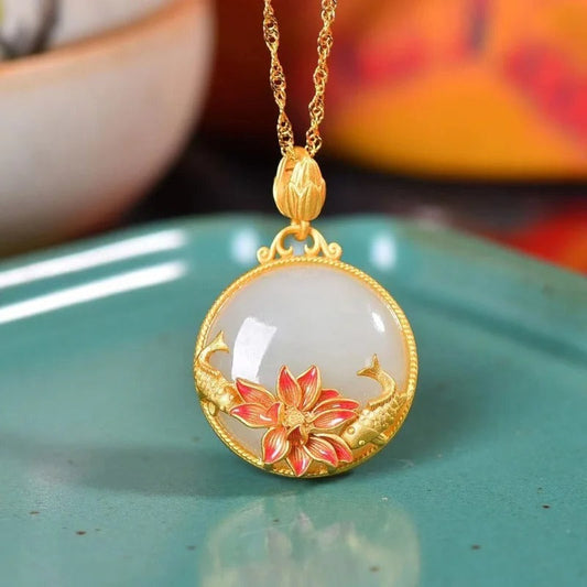 Vintage Gold Lotus & Fish White Gem Pendant Necklace-Mialla Jewelry