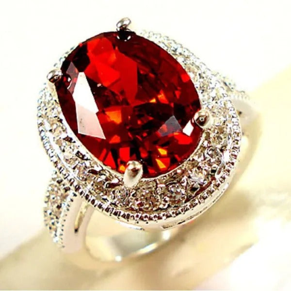 Silver Red Oval Gemstone Halo Ring-Mialla Jewelry