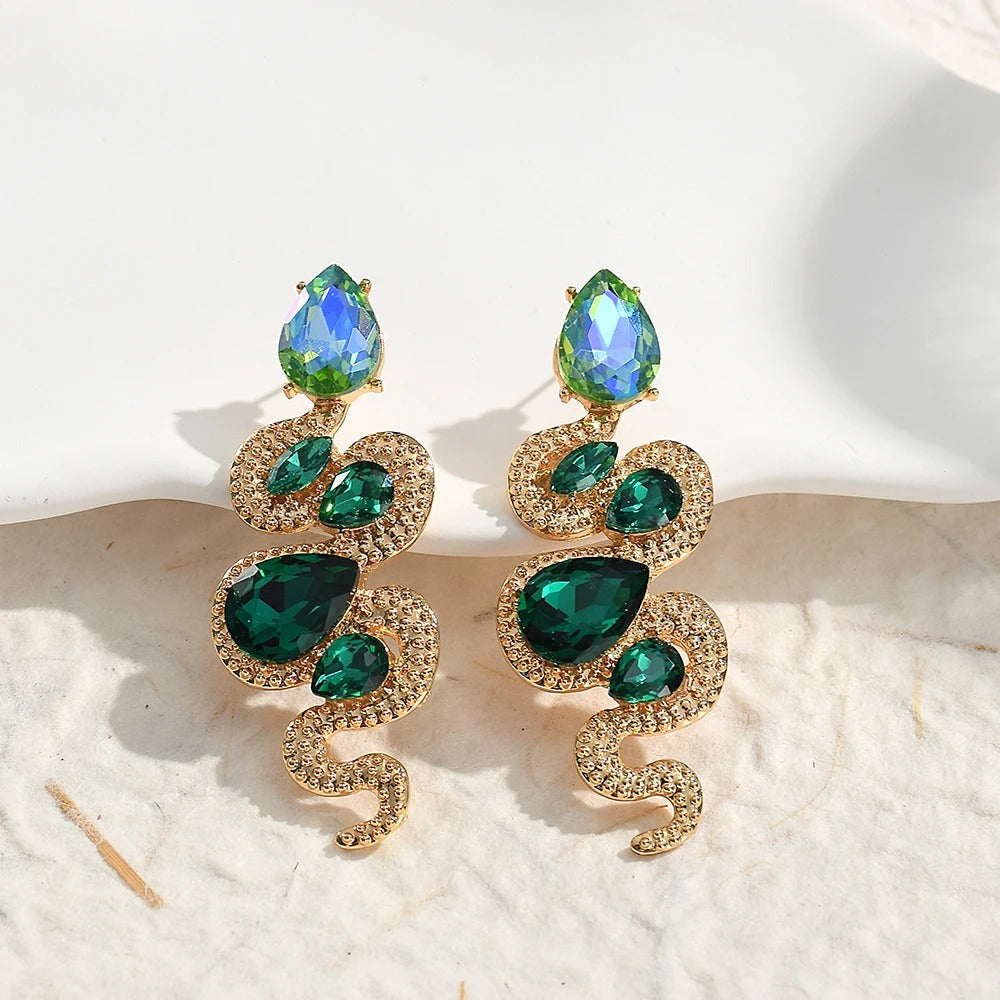 Gold Vintage Serpent Green Crystal Earrings-Mialla Jewelry