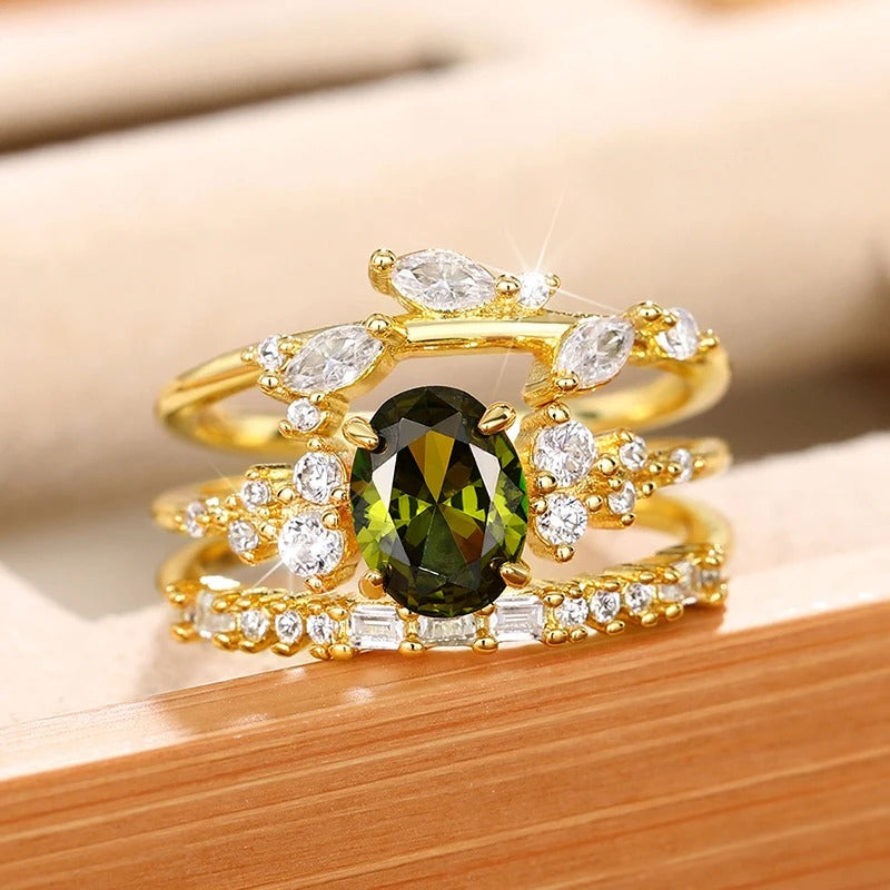 Gold Three-Band Green Stone Ring-Mialla Jewelry