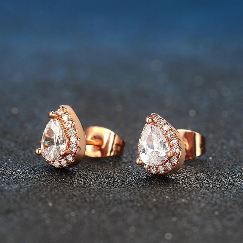 Rose Gold Pear-Cut Crystal & Sparkling Border Drop Earrings-Mialla Jewelry