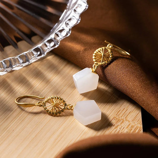 Vintage Gold Geometric White Bead & Sunburst Design Earrings-Mialla Jewelry