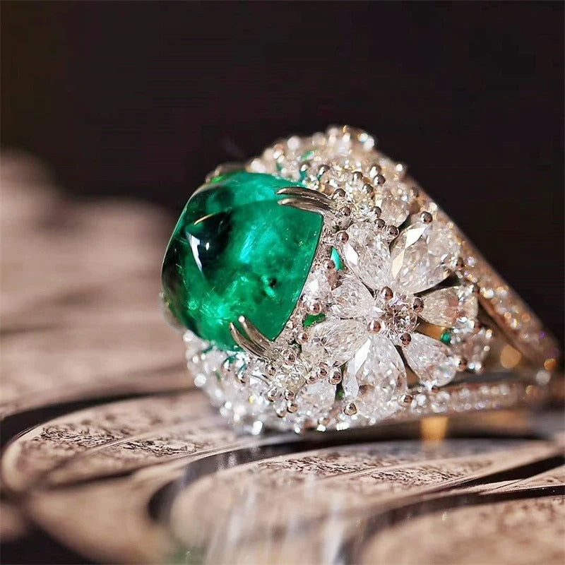 Vintage Green Stone & Diamond Floral Ring-Mialla Jewelry