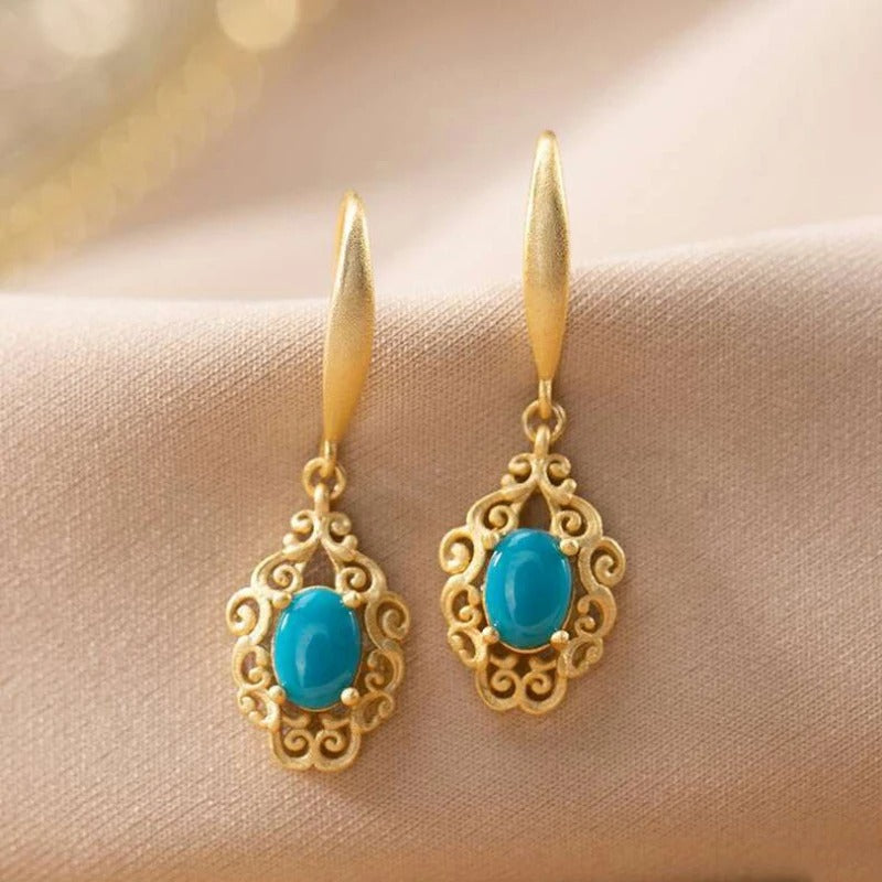 Classic Cut-Out Pattern Exquisite Oval Turquoise Earrings-Mialla Jewelry