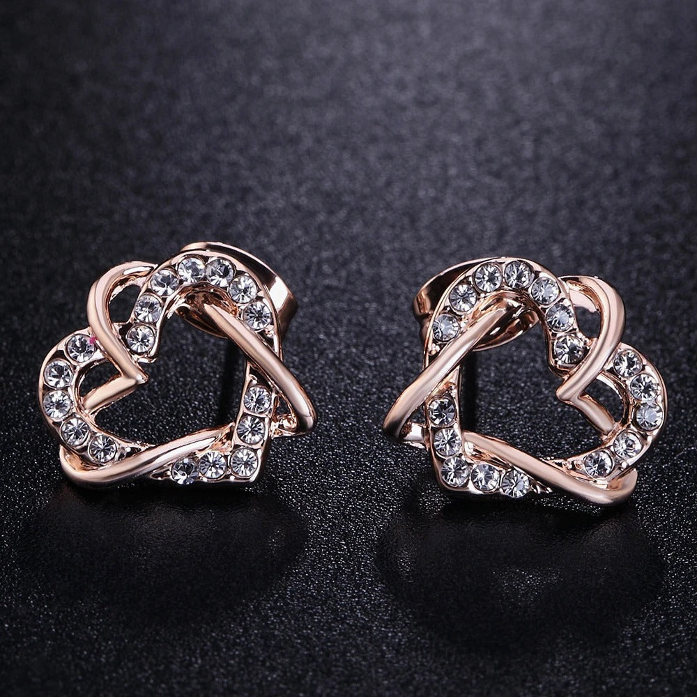 Rose Gold Intertwined Heart Crystal Earrings-Mialla Jewelry
