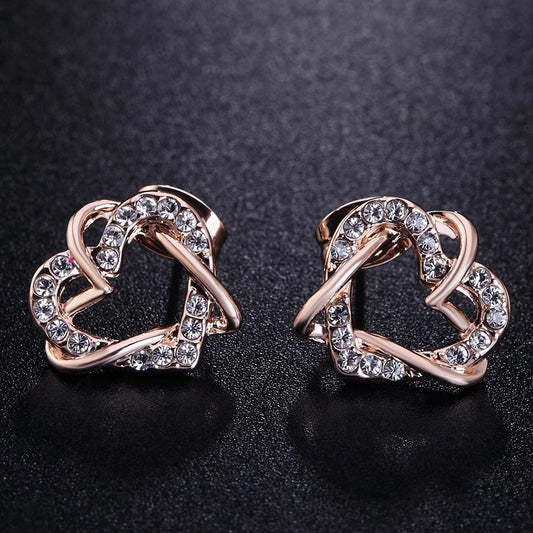 Rose Gold Intertwined Heart Crystal Earrings-Mialla Jewelry