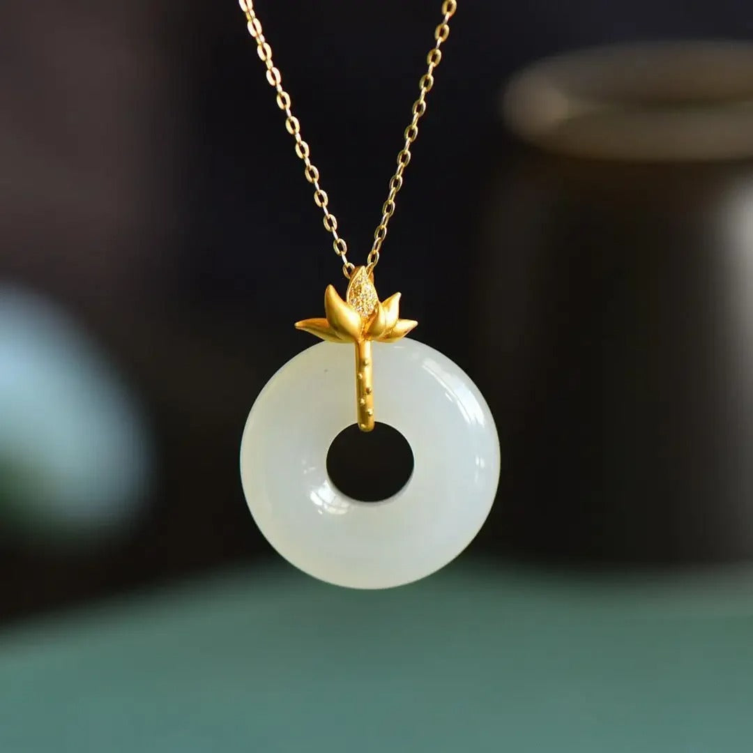Vintage Gold Lotus & White Circle Pendant Necklace-Mialla Jewelry