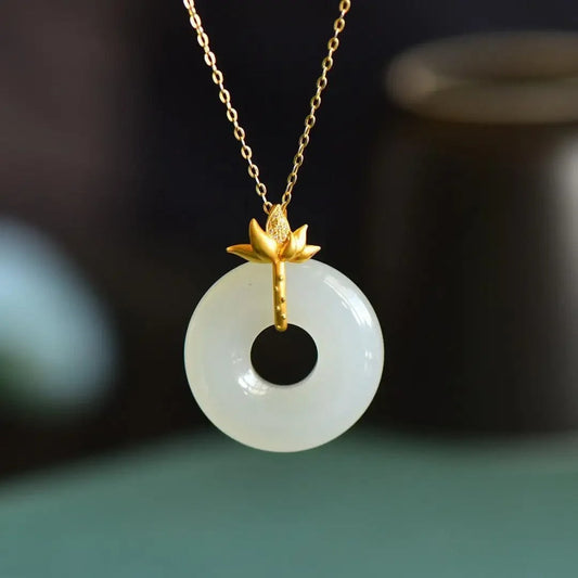 Vintage Gold Lotus & White Circle Pendant Necklace-Mialla Jewelry