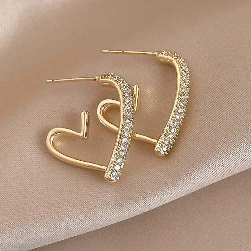 Gold Crystal Pave Heart Hoop Earrings-Mialla Jewelry