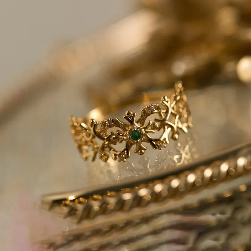 Timeless Gold Snowflake Green Gemstone Adjustable Ring-Mialla Jewelry
