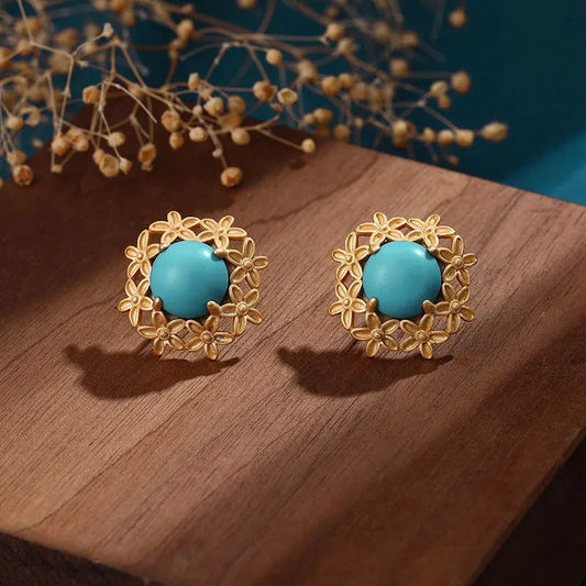 Retro Gold Round Turquoise Gemstone & Flower Accent Earrings-Mialla Jewelry