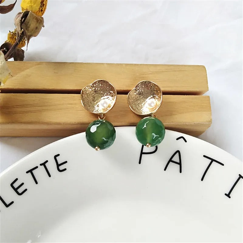 Vintage Gold & Green Ball Stud Earrings-Mialla Jewelry