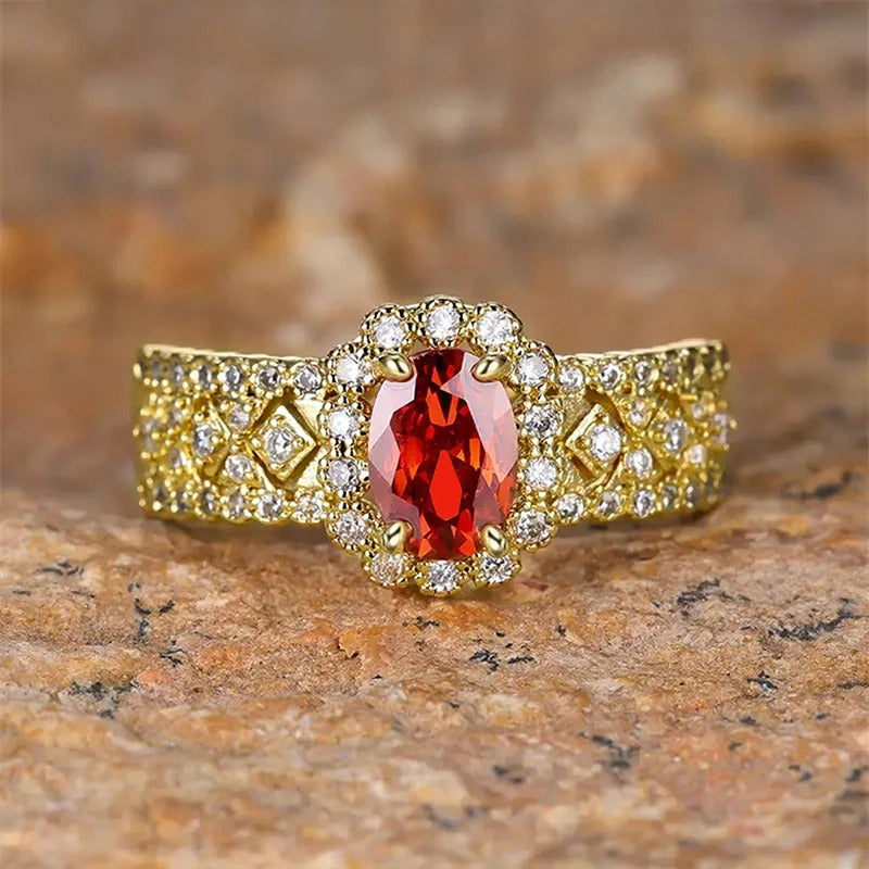 Vintage Gold Oval Red Gemstone Halo Ring-Mialla Jewelry