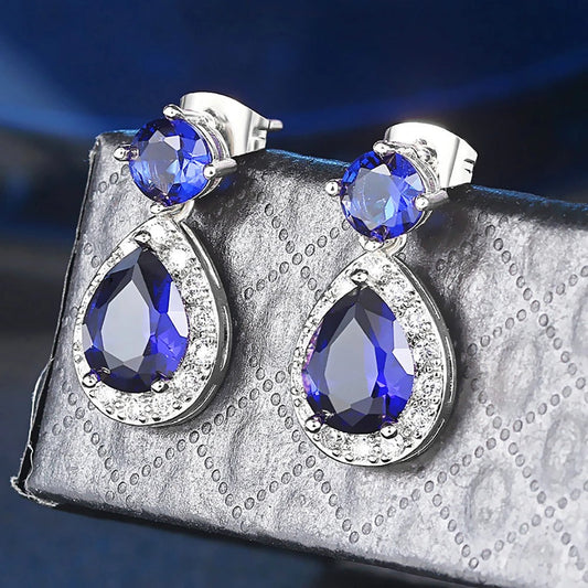 Vintage Blue Gemstone & Radiant White Stone Earrings-Mialla Jewelry