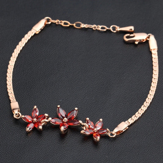 Retro Rose Gold & Three Red Crystal Flower Bracelet-Mialla Jewelry