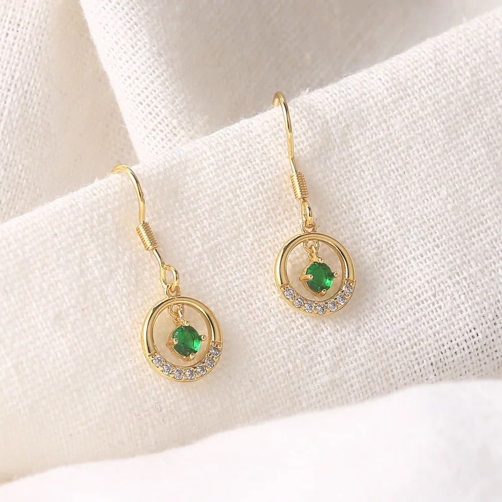 Vintage Gold Green Stone & Sparkling Halo Drop Earrings-Mialla Jewelry