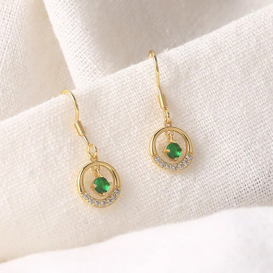 Vintage Gold Green Stone & Sparkling Halo Drop Earrings-Mialla Jewelry