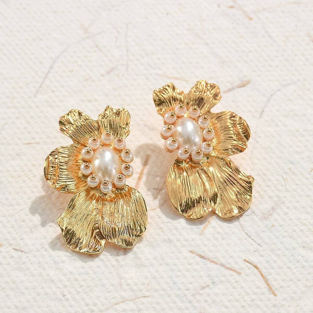 Gold Vintage Pearl Flower Stud Earrings-Mialla Jewelry