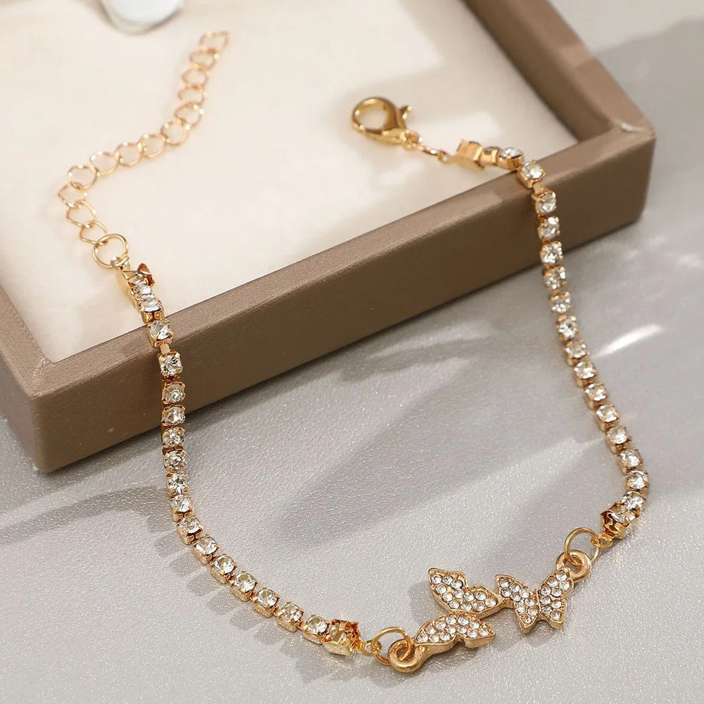 Classic Gold Crystal-Studded Butterfly Link Bracelet-Mialla Jewelry